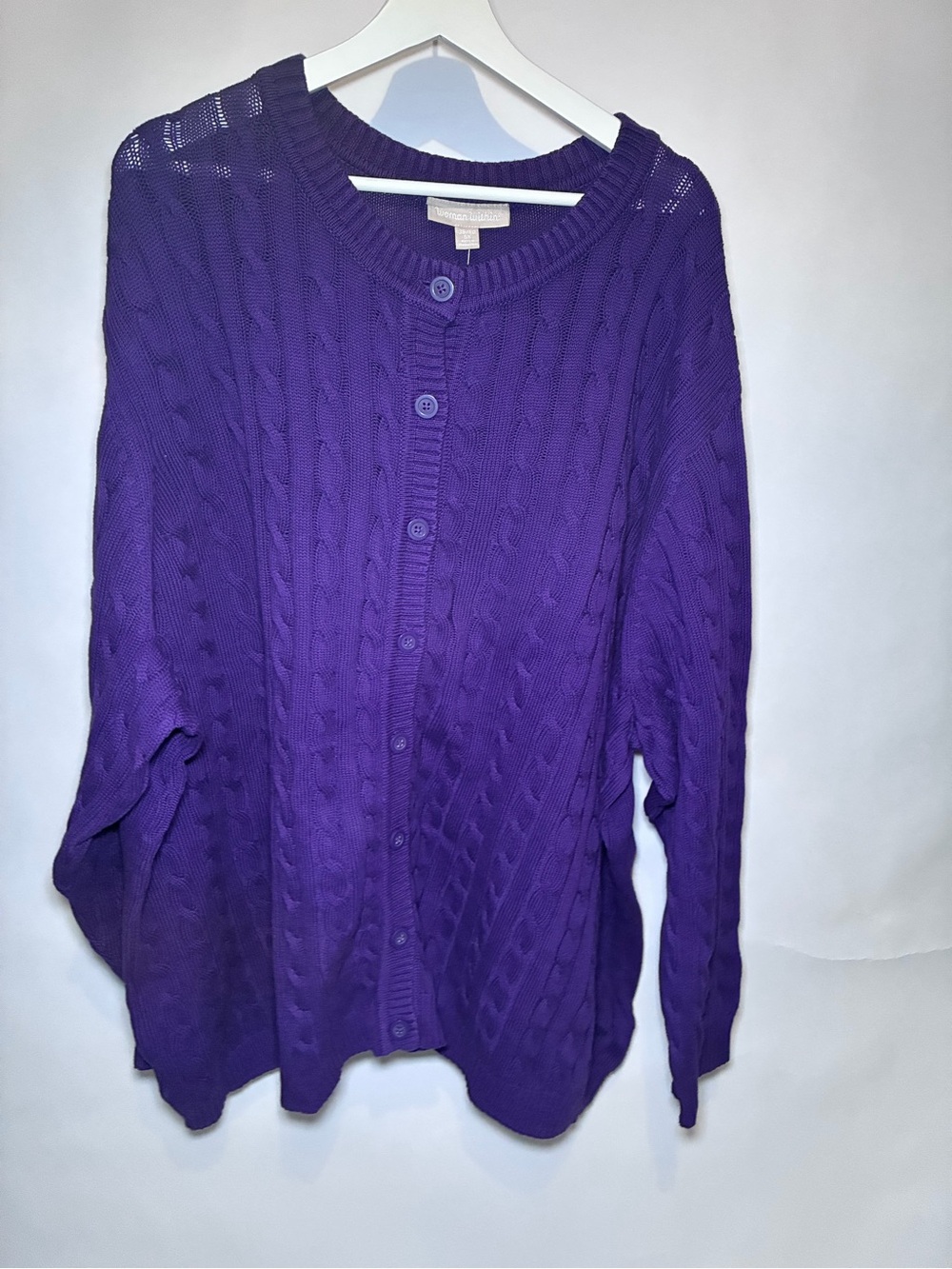Woman Within Purple Cable-Knit Button Cardigan